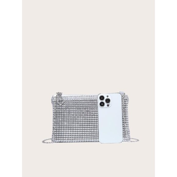 ⚡ Women's Mini Silver Shiny Glitter Rhinestone Square Sparkle Evening Clutch Bag - Picture 4 of 7